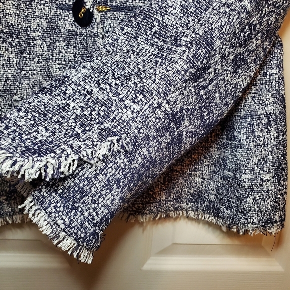 Talbots Petites Blue White Boucle Tweed Fringe Blazer Size 12 - Picture 5 of 12